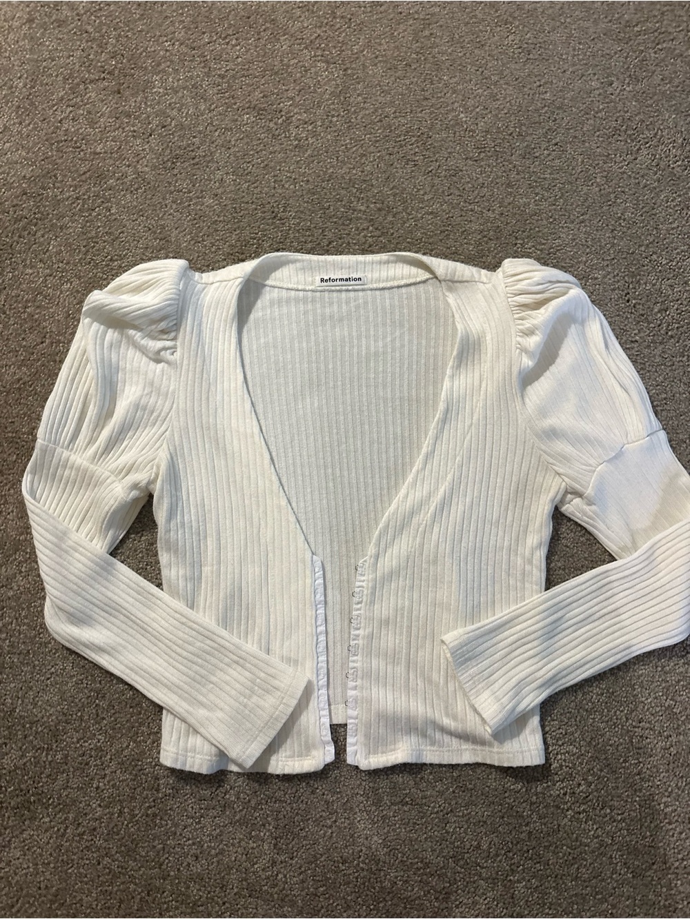 Reformation White Ribbed Puff-Sleeve Top